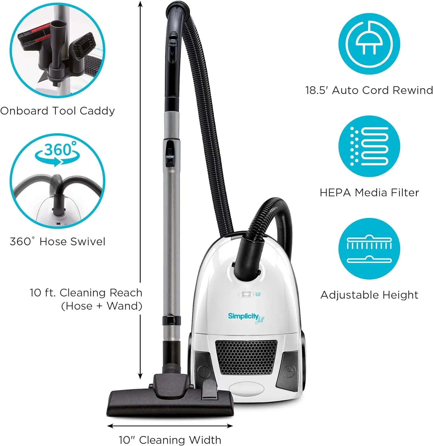 Simplicity Vacuums Jill Canister Vacuum Cleaner, Hardwood Floor Vacuum with Dual-Certified HEPA Vacuum Filter and Bag, Small and Compact Stair Vacuum, Jill.12 - ANM Liquidation