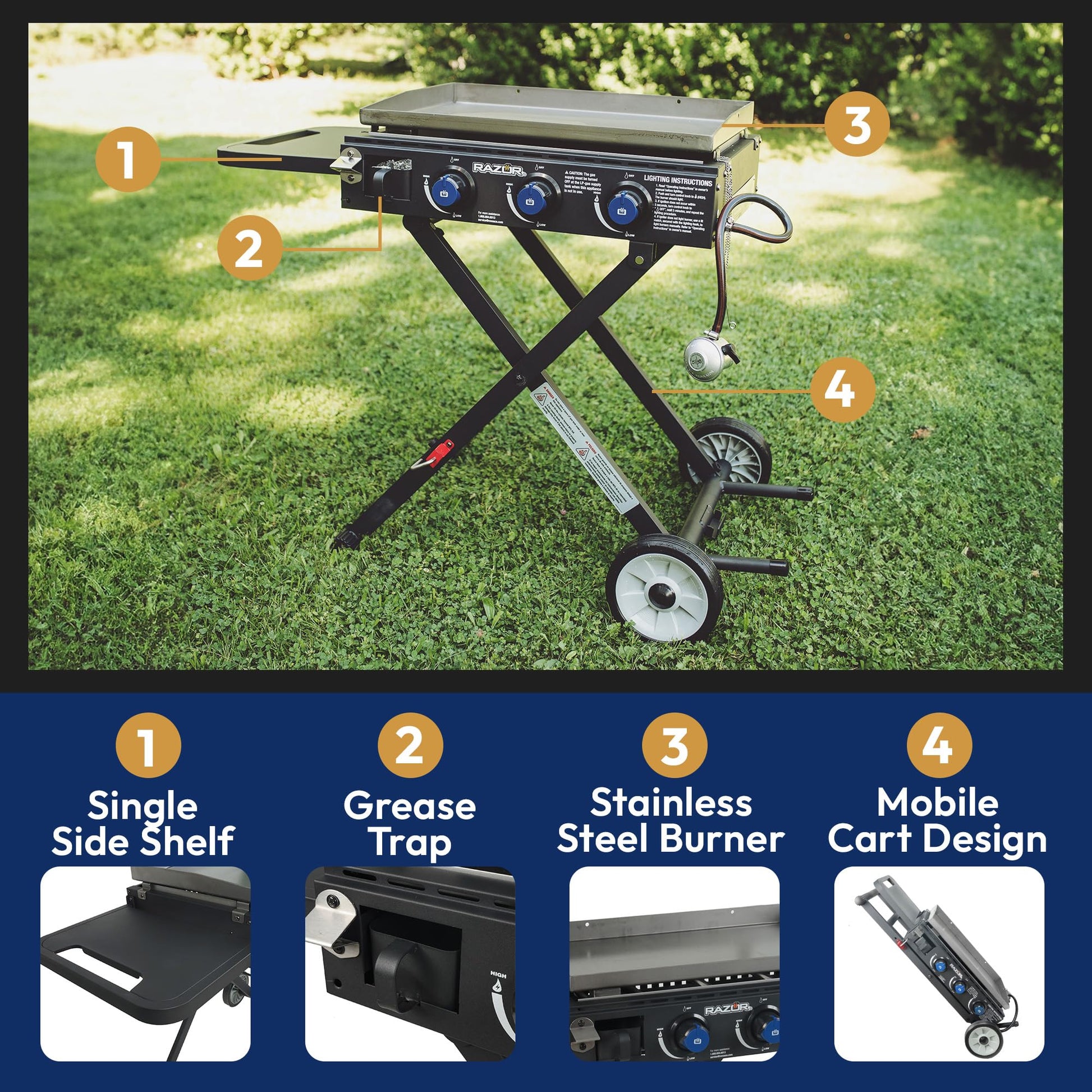 Razor Griddle Gas Grill & Griddle for Backyard Cooking and Camping, Portable Grill with Cart & Side Shelf ANM Liquidation