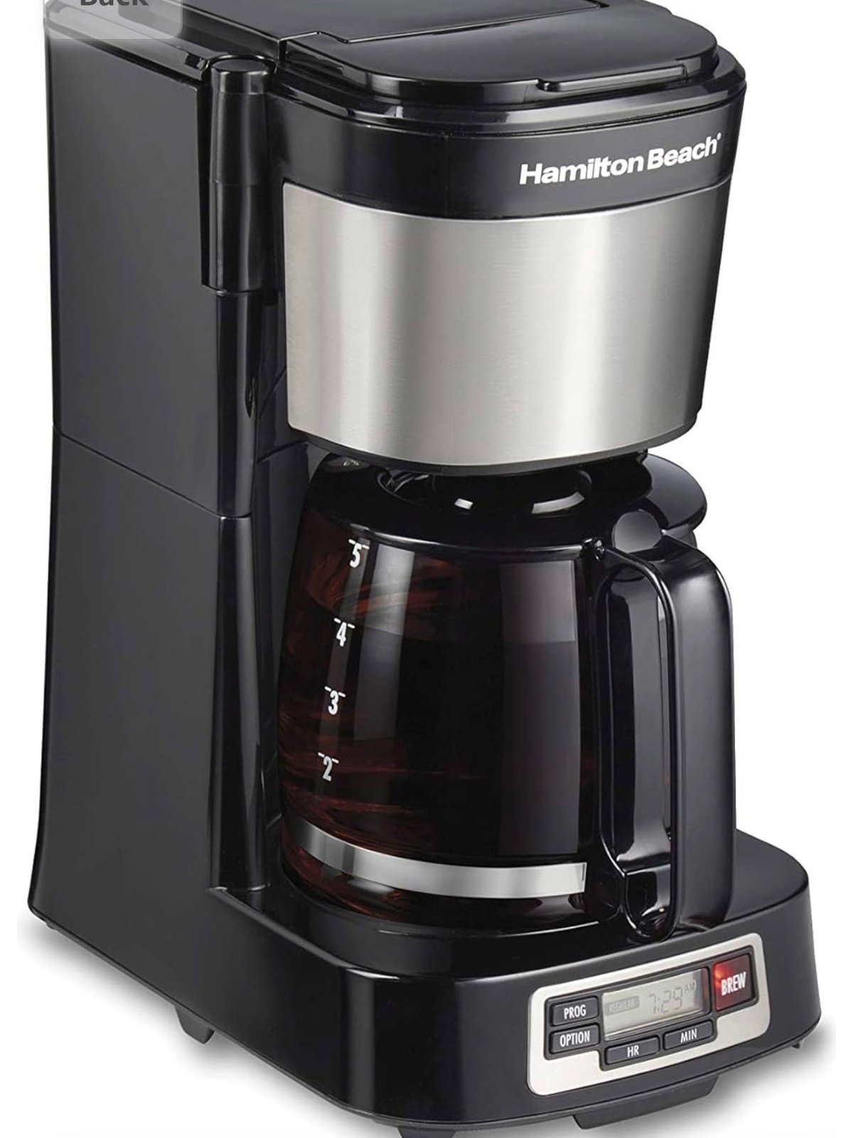 Hamilton Beach 5 Cup Compact Drip Coffee Maker with Programmable Clock, Glass Carafe, Auto Pause and Pour, Black & Stainless Steel 46111