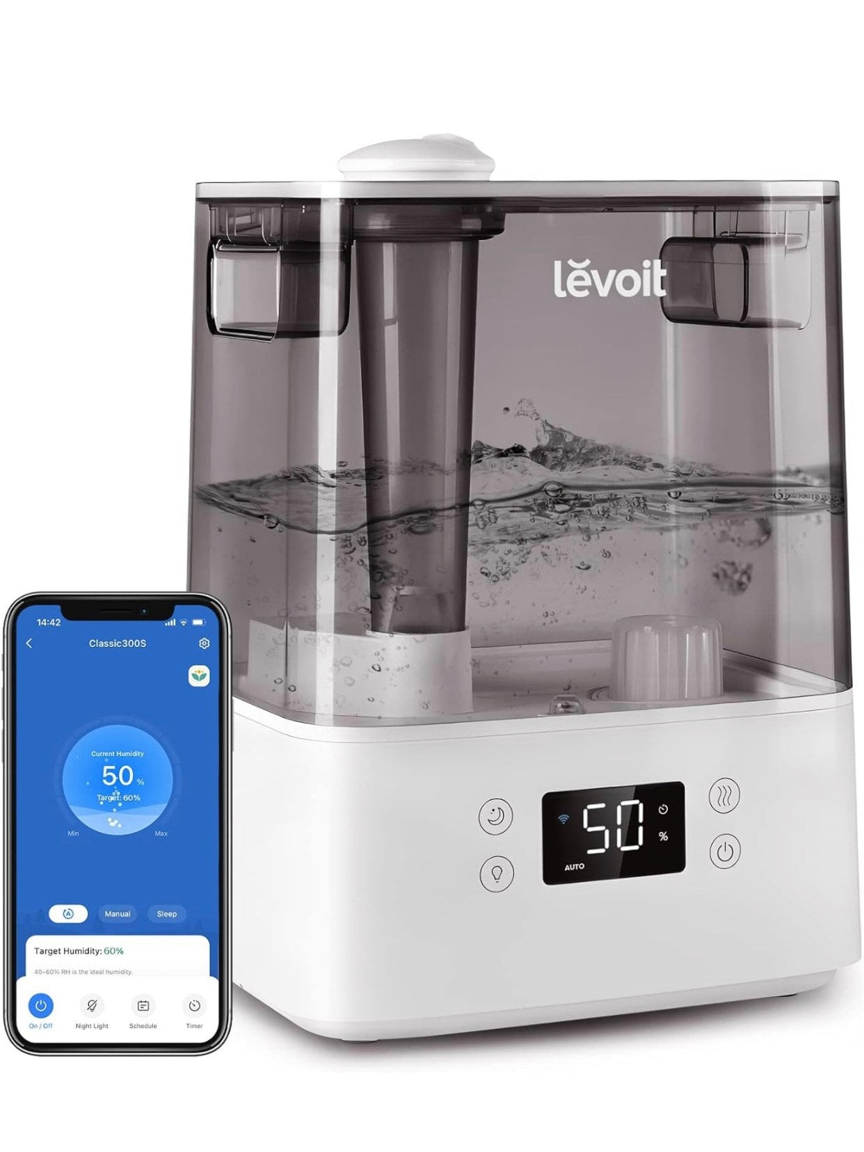 LEVOIT Humidifiers for Bedroom Large Room Home, 6L Cool Mist Top Fill Essential Oil Diffuser for Baby & Plants, Smart App & Voice Control, Rapid Humidification & Auto Mode - Quiet Sleep Mode, Gray