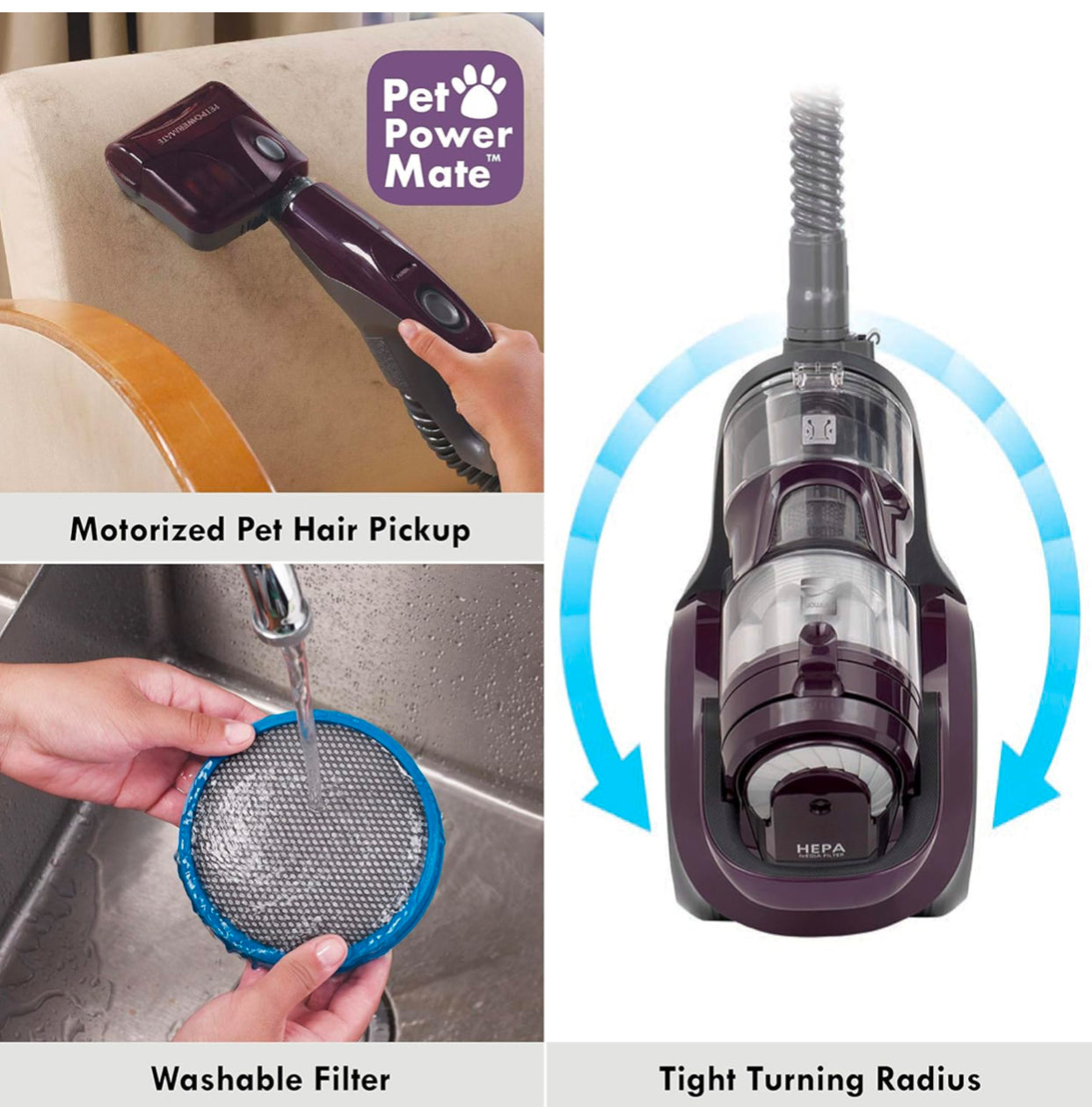 Kenmore Friendly Lightweight Bagless Compact Canister Vacuum, HEPA, Extended Telescoping Wand, Retractable Cord and 2 Cleaning Tools, Pet PowerMate + 2 Motor Power, Purple ANM Liquidation