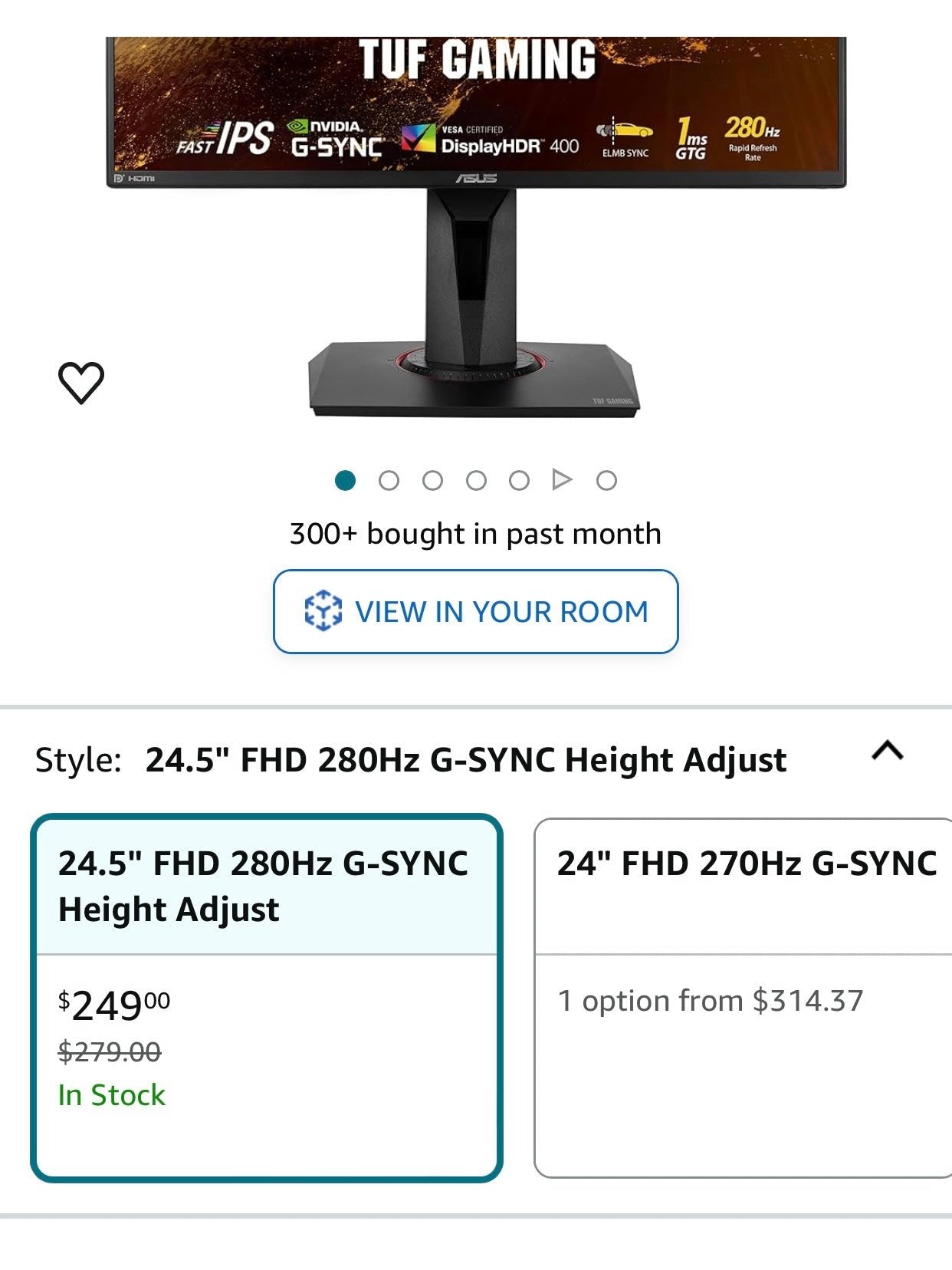 ASUS TUF Gaming VG259QM 24.5” Monitor, 1080P Full HD 1920 x 1080 , Fast IPS, 280Hz, G-SYNC Compatible, Extreme Low Motion Blur Sync,1ms, DisplayHDR 400, Eye Care, DisplayPort HDMI BLACK