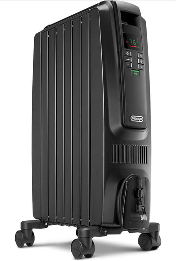 De'Longhi Oil-Filled Radiator Space Heater, Quiet 1500W, Adjustable Thermostat, 3 Heat Settings, Timer, Energy Saving, Safety Features, White, Dragon TRD40615EBKCA, Black - ANM Liquidation