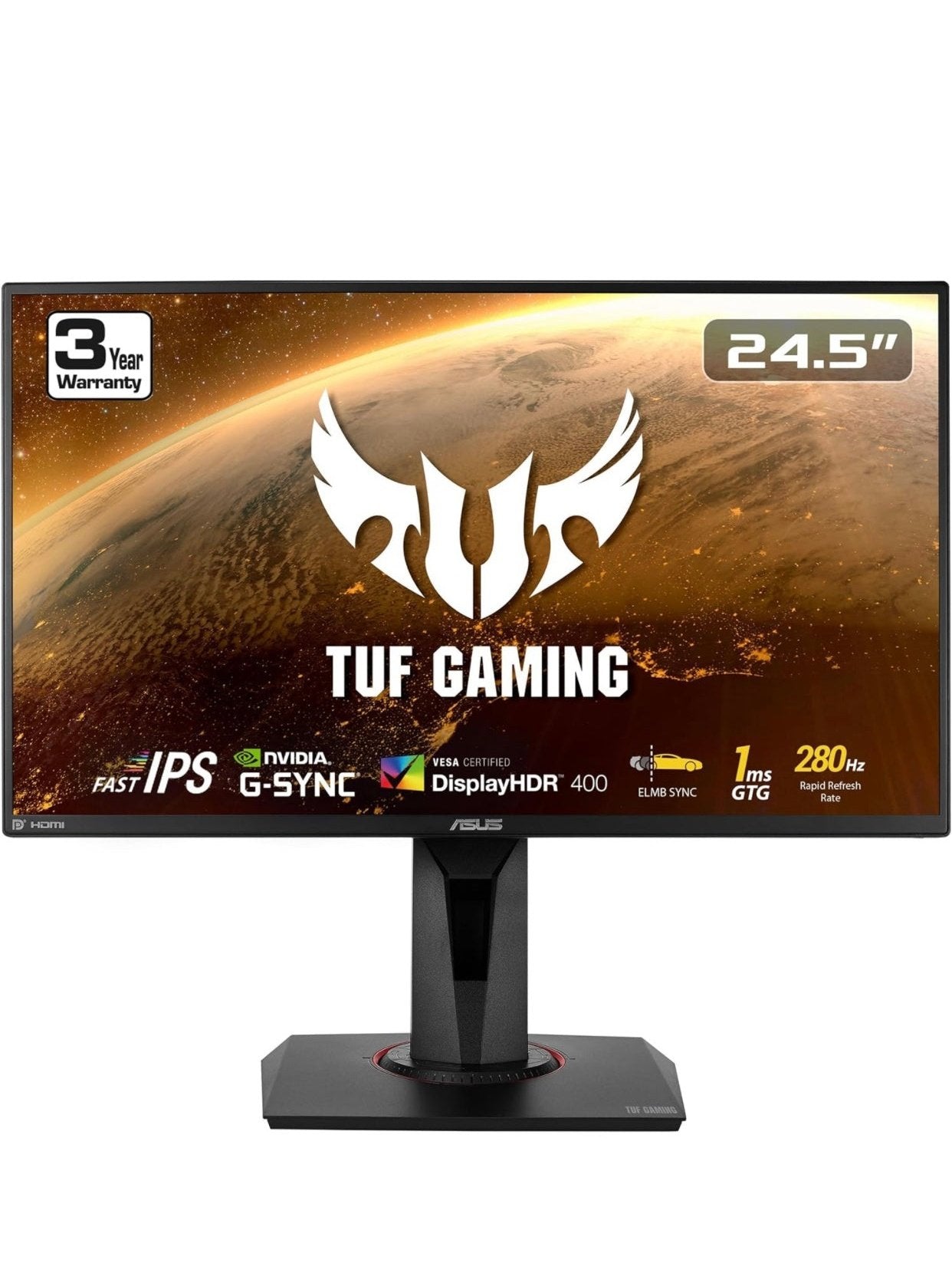ASUS TUF Gaming VG259QM 24.5” Monitor, 1080P Full HD 1920 x 1080 , Fast IPS, 280Hz, G-SYNC Compatible, Extreme Low Motion Blur Sync,1ms, DisplayHDR 400, Eye Care, DisplayPort HDMI BLACK