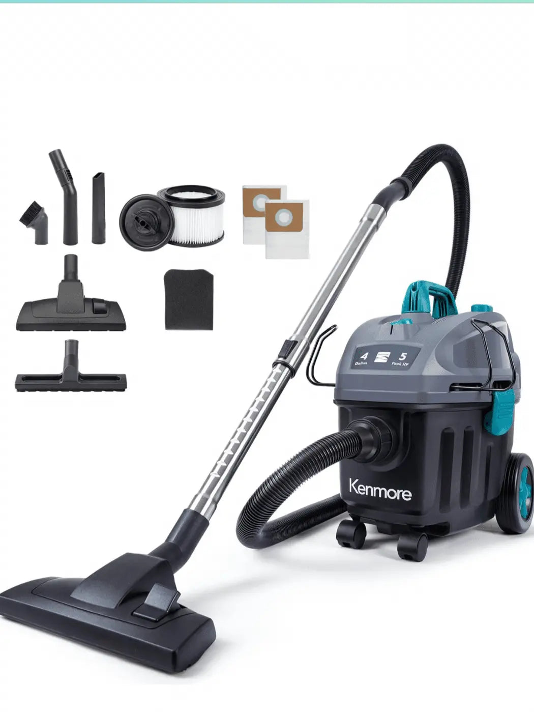 Kenmore KW3050 Wet Dry Canister Vac 4 Gallon 5 Peak HP 2-Stage Motor Shop Vacuum Cleaner with Washable HEPA Filter & Dust Bags for Hard Floor & Carpet, Black