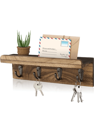 Rustic Key Holder for Wall, Farmhouse Wall Shelf with 4 Hooks, Wall Mounted Key Racks, Wooden Mail Organizer with Hooks for Entryway Brown