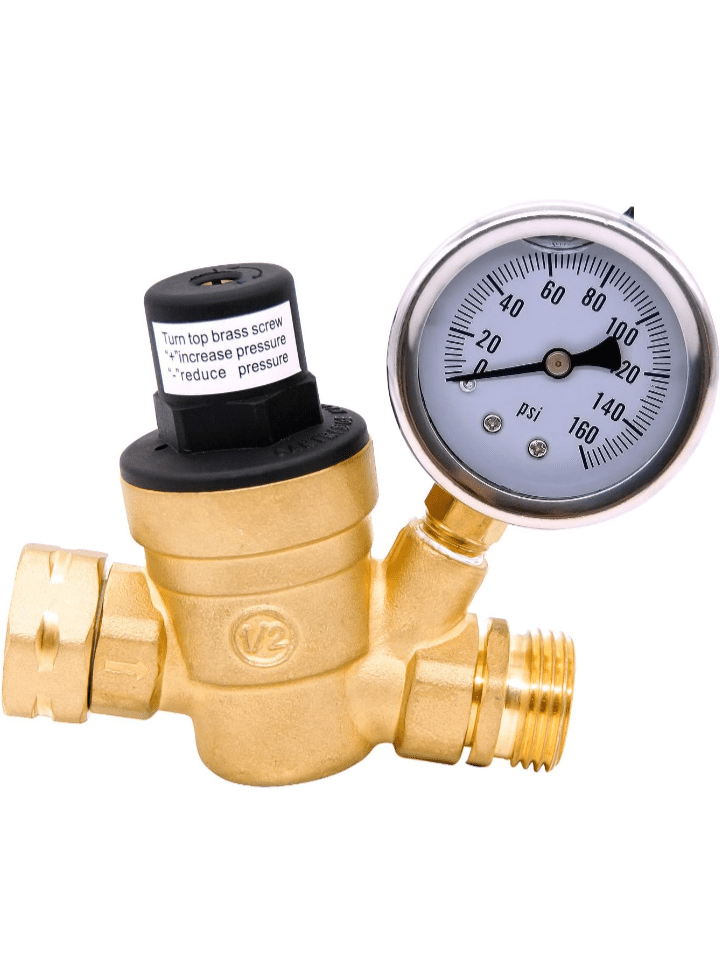 3/4 Lead-Free Water Pressure Regulator Brass Water Valve with Gauge, Adjustable Pressure Reducer for RV Camper, Build in Oil, NH Thread