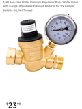 3/4 Lead-Free Water Pressure Regulator Brass Water Valve with Gauge, Adjustable Pressure Reducer for RV Camper, Build in Oil, NH Thread