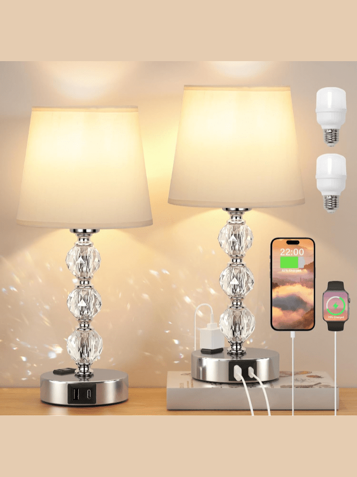 Acaxin Bedside Lamps for Bedrooms Set of 2 Nightstand- Crystal Table Lamps with USB C+A Ports & AC Outlet for Charging, 3 Way Dimmable Touch Silver Small Bed Side Lamp for Living Room/Guest Room