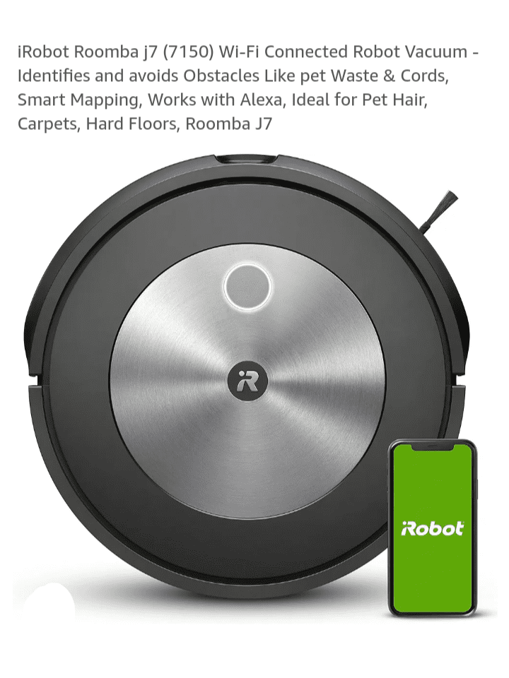 iRobot Roomba j7 7150 Wi-Fi Connected Robot Vacuum - Identifies and avoids Obstacles Like pet Waste & Cords, Smart Mapping, Works with Alexa, Ideal for Pet Hair, Carpets, Hard Floors, Roomba J7