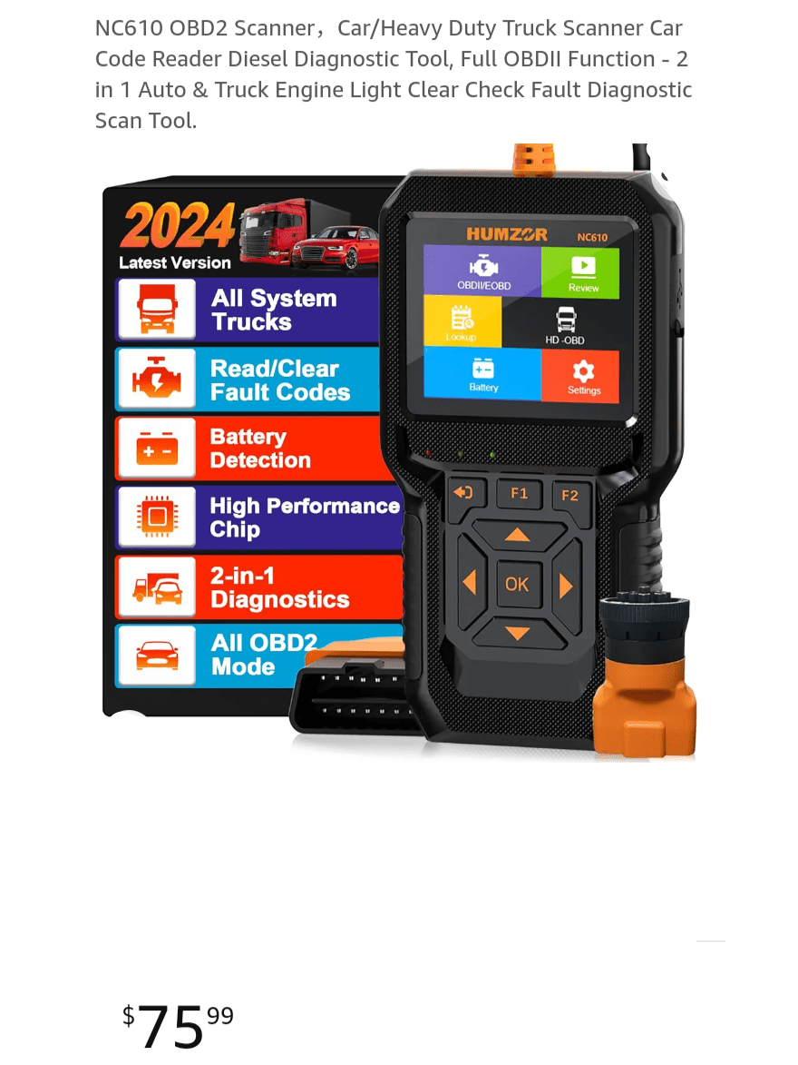 NC610 OBD2 Scanner，Car/Heavy Duty Truck Scanner Car Code Reader Diesel Diagnostic Tool, Full OBDII Function - 2 in 1 Auto & Truck Engine Light Clear Check Fault Diagnostic Scan Tool.