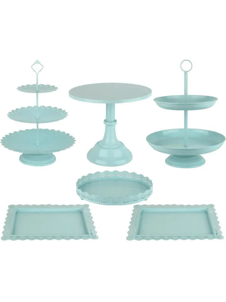 6 Pcs Metal Cake Stand Sets for Dessert Table, Cake Pop Stand Set & Dessert Table Trays & Tiered Cupcake Holder Perfect Display for Wedding, Party, Birthday, Baby Shower, Decorations Blue