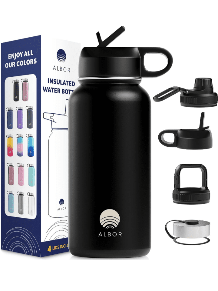 Albor 32 oz Insulated Water Bottle With Chug Lid and Straw, Plus Carry Lid for Travel, Leak Proof Stainless Steel Water Bottle for Gym and Travel Black