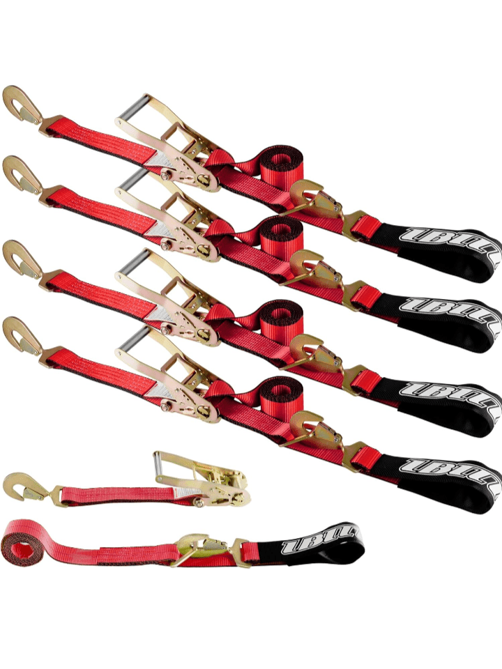 4 Pack Car Tie Down with Snap Hooks - 2" x 114" - 3,300 lbs Safe Working Load -Haul Car, Race, Truck, ATV, UTV SUV Polyester UV Resistant.Red