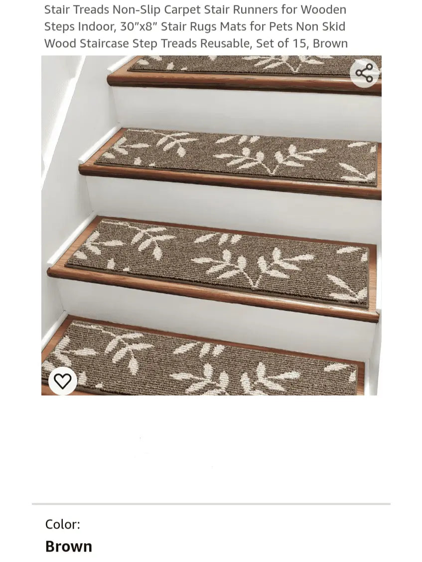 Stair Treads Non-Slip Carpet Stair Runners for Wooden Steps Indoor, 30”x8” Stair Rugs Mats for Pets Non Skid Wood Staircase Step Treads Reusable, Set of 15, Brown