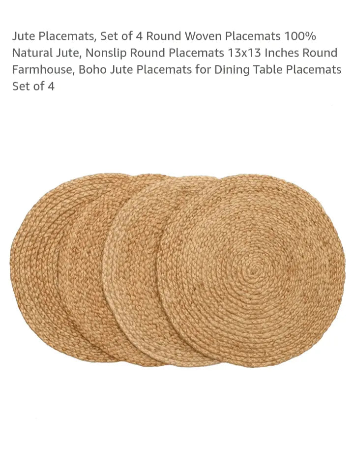 Jute Placemats, Set of 4 Round Woven Placemats 100% Natural Jute, Nonslip Round Placemats 13x13 Inches Round Farmhouse, Boho Jute Placemats for Dining Table Placemats Set of 4