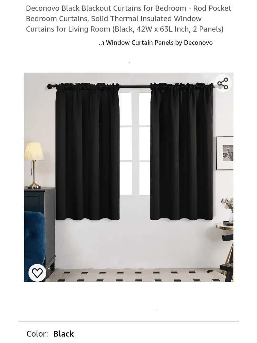 Deconovo Black Blackout Curtains for Bedroom - Rod Pocket Bedroom Curtains, Solid Thermal Insulated Window Curtains for Living Room Black, 42W x 63L Inch, 2 Panels