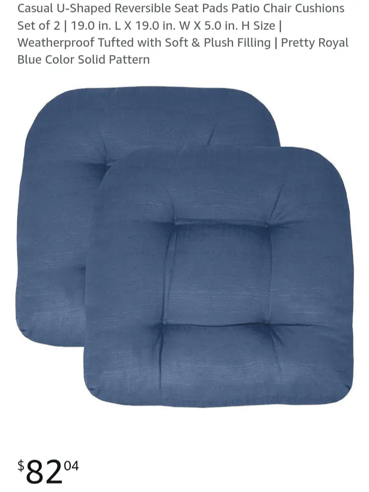 Casual U-Shaped Reversible Seat Pads Patio Chair Cushions Set of 2 | 19.0 in. L X 19.0 in. W X 5.0 in. H Size | Weatherproof Tufted with Soft & Plush Filling | Pretty Royal Blue Color Solid Pattern