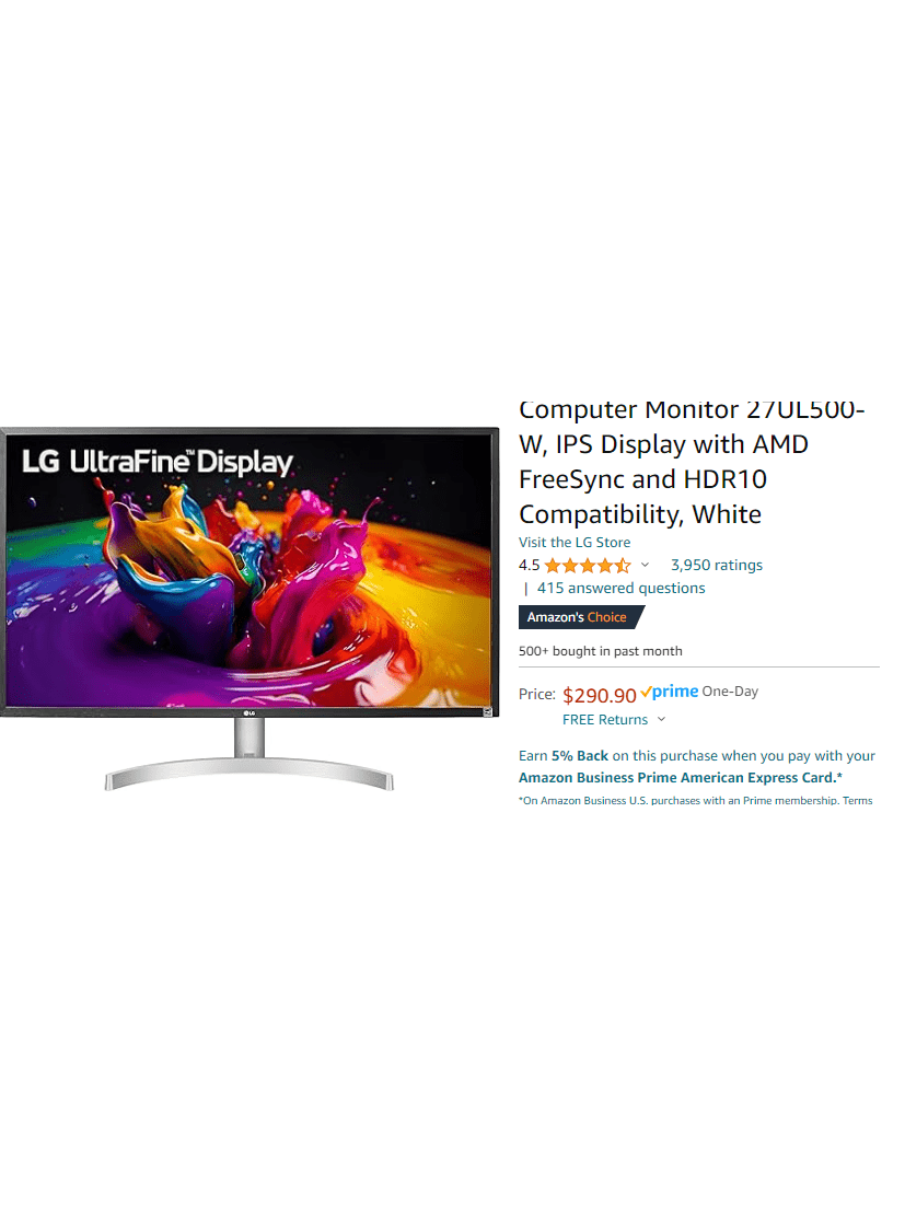 LG UltraFine 27-Inch Computer Monitor 27UL500-W, IPS Display with AMD FreeSync and HDR10 Compatibility, White