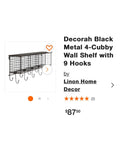 Decorah Black Metal 4-Cubby Wall Shelf with 9 Hooks