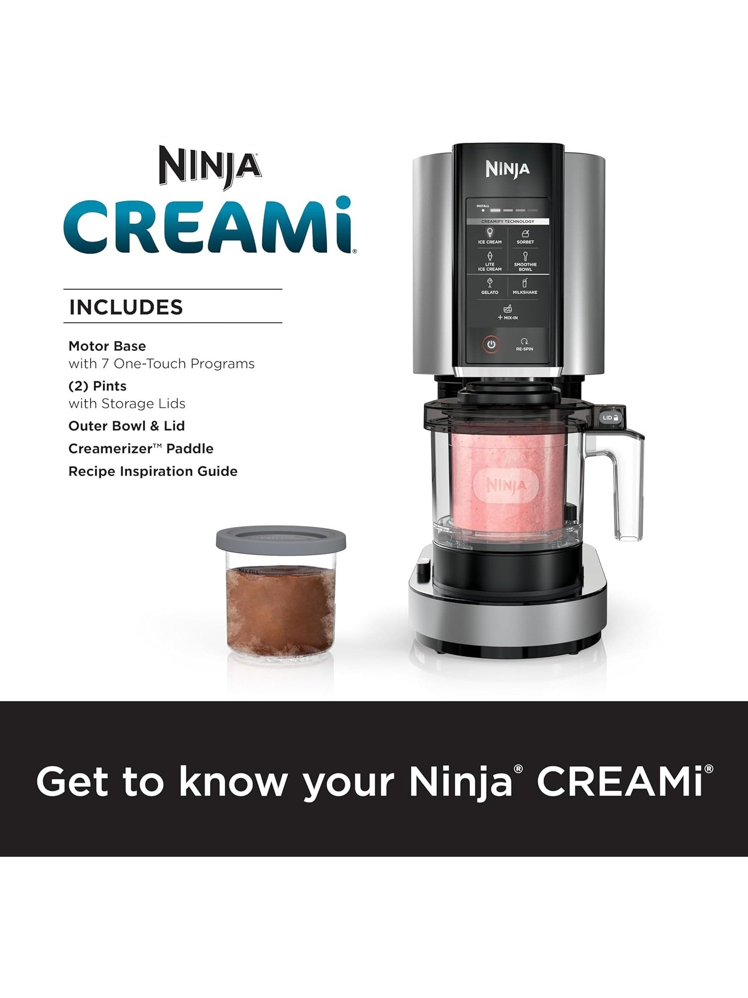 Ninja NC301 CREAMi Ice Cream Maker, for Gelato, Mix-ins, Milkshakes, Sorbet, Smoothie Bowls & More, 7 One-Touch Programs, with 2 Pint Containers & Lids, Compact Size, Perfect for Kids, Silver